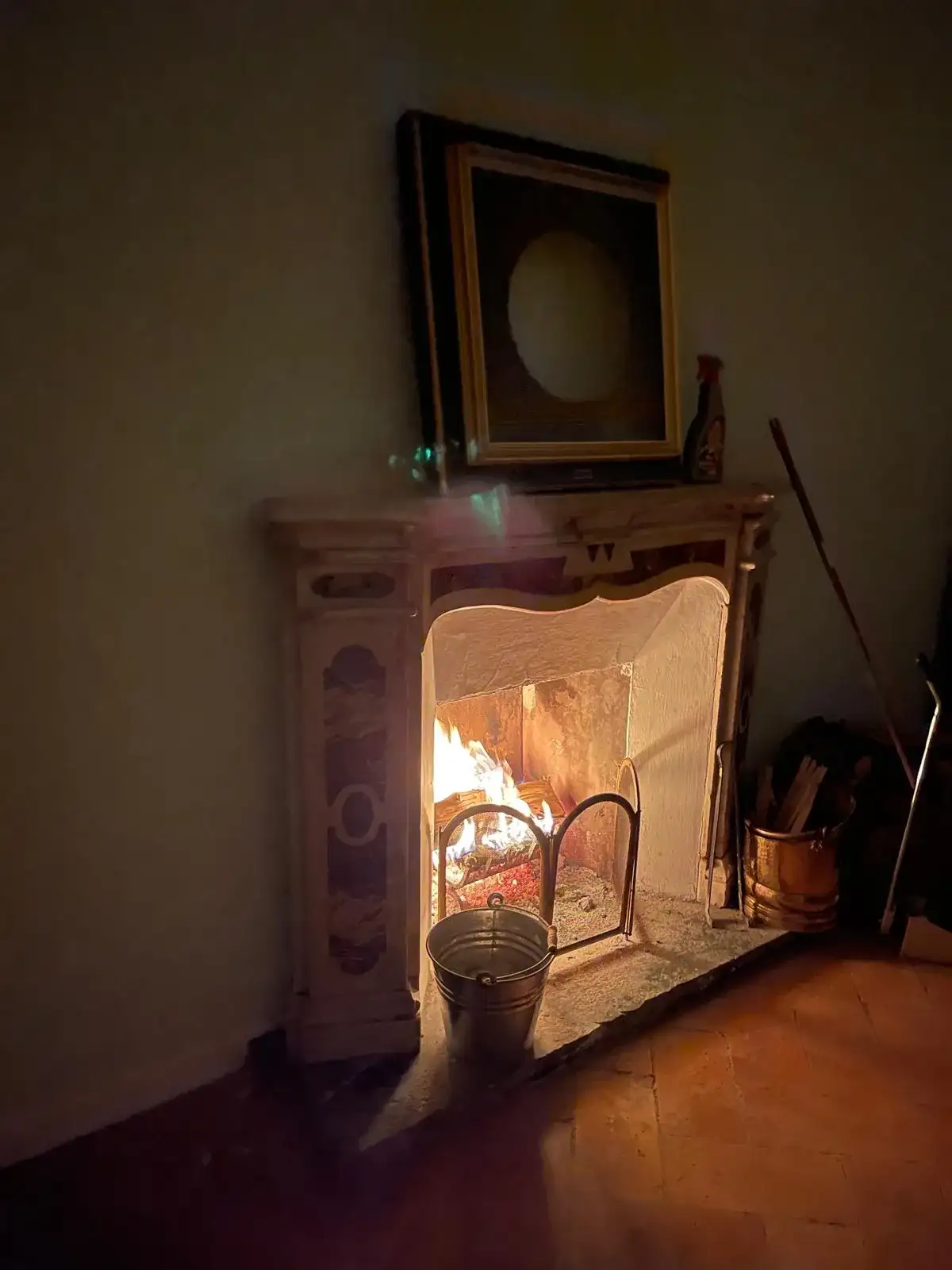 Lit fireplace