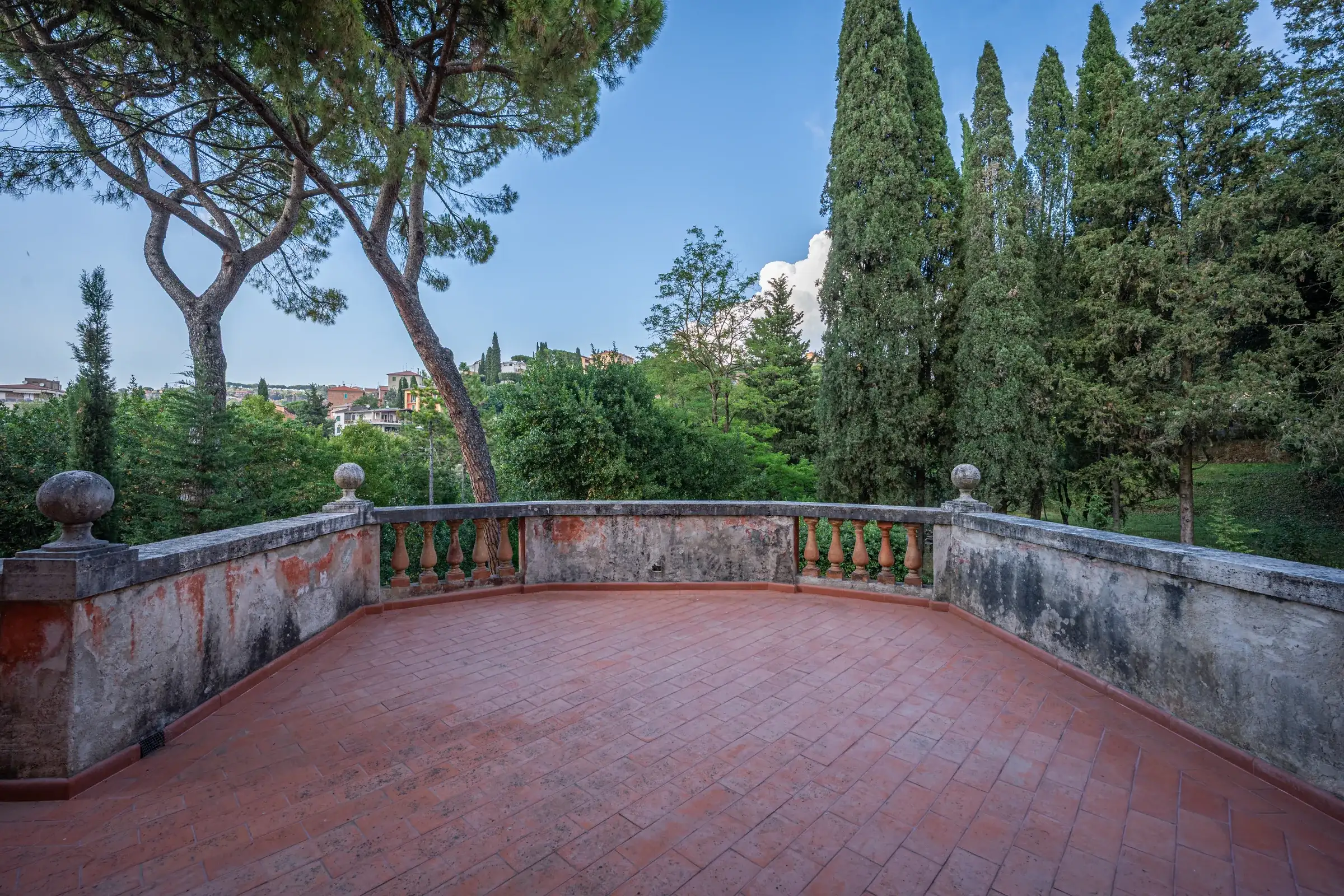 Wide terracotta terrace framed by pines and cypresses