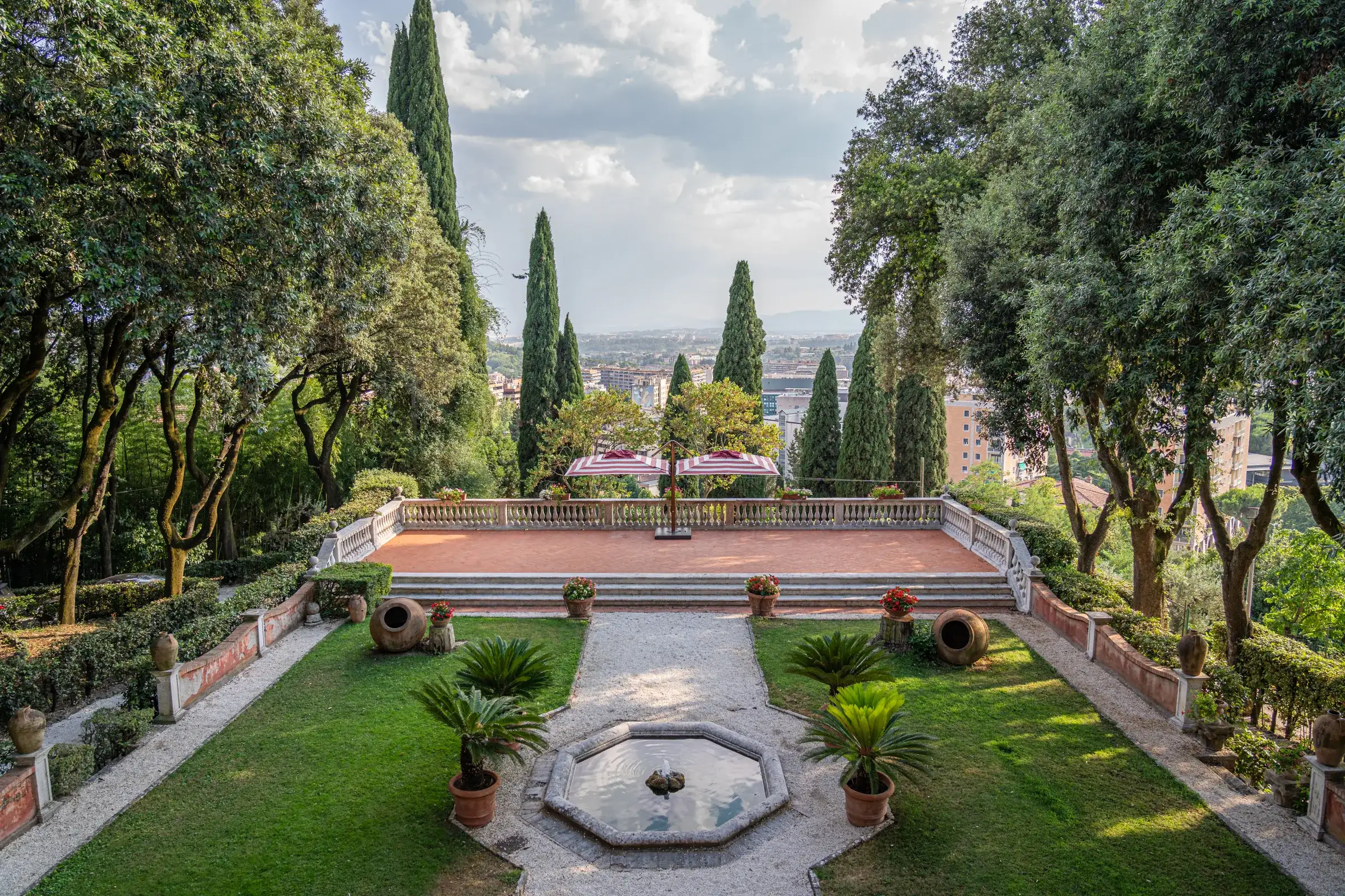 View from the terrace over the formal garden and its fountain
